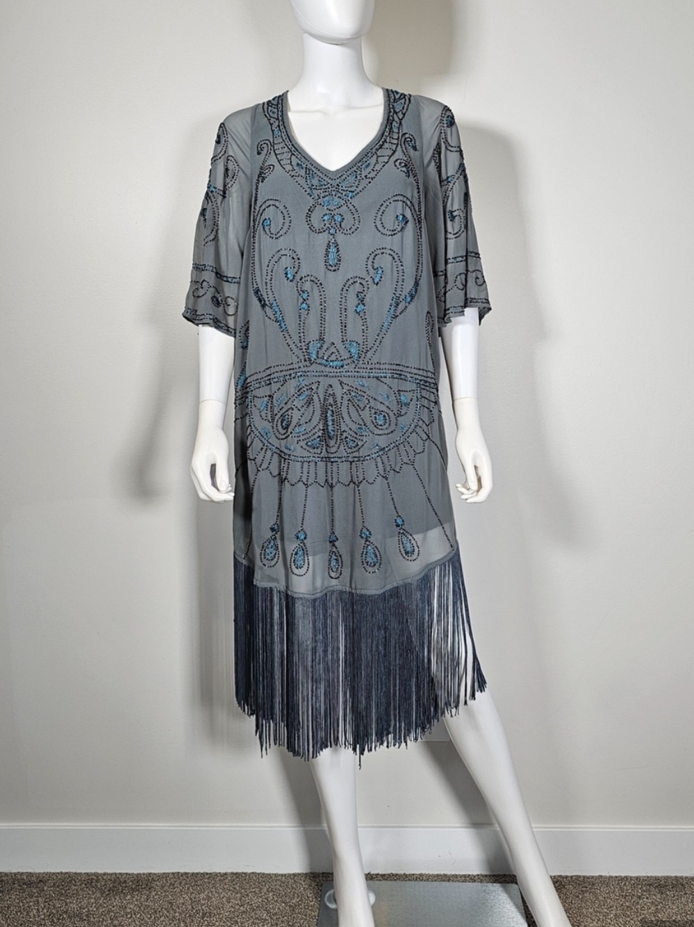 Free People Gray Blue Beaded Vintage Fringe Dress Small - Picture 2 of 14